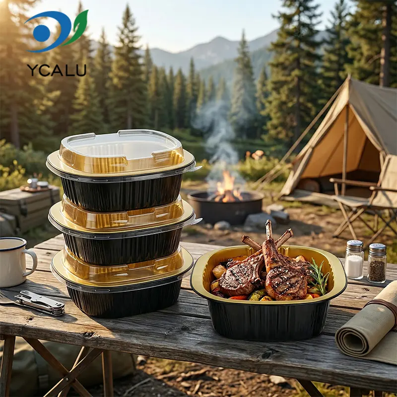 डिस्पोजेबल बायनॉरल स्क्वेअर बॉक्स ब्लॅक गोल्ड ॲल्युमिनियम फॉइल कंटेनर