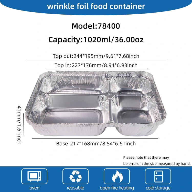 डिस्पोजेबल मल्टी-कंपार्टमेंट फास्ट फूड सिल्व्हर अॅल्युमिनियम फॉइल कंटेनर